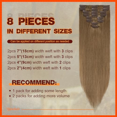 Image of Benehair Clip in Hair Extensions Real Human Hair, Brown Hair Extensions Clip in Human Hair for Women, Long Straight, Remy Natural, Full Head 8pcs 18inch #02 Dark Brown