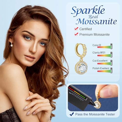 Moissanite Hoop Earrings for Women，2-6CT Halo Round 18K White Gold Plated 925 silver D Color Drop Earrings, Certificate Jewelry for Her Birthday Wedding2