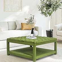 Homebeez Large Square Storage Ottoman Button Tufted Coffee Table Footstool Footrest, Velvet Bench for Living Room Bedroom, Green