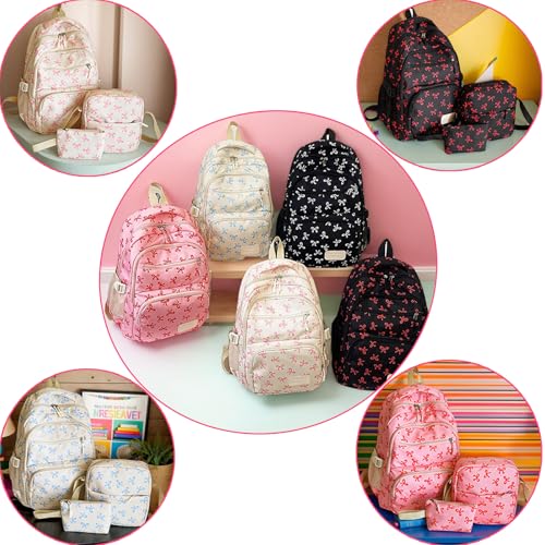 Bow Backpack 3Pcs Set for Girls,Aesthetic Daypack Bow Rucksack,New Cute Kawaii Backpacks Set Large Capacity (White Pink) 7