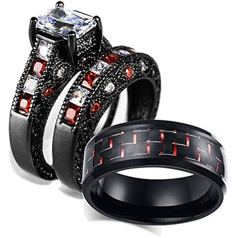 wedding ring set Two Rings His Hers Couples Rings Women's Black Gold Filled White CZ Wedding Engagement Ring Bridal Sets & Men's Stainless Steel Wedding Band, crystal stone Metal, Cubic Zirconia Cover