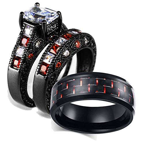 wedding ring set Two Rings His Hers Couples Rings Women's Black Gold Filled White CZ Wedding Engagement Ring Bridal Sets & Men's Stainless Steel Wedding Band