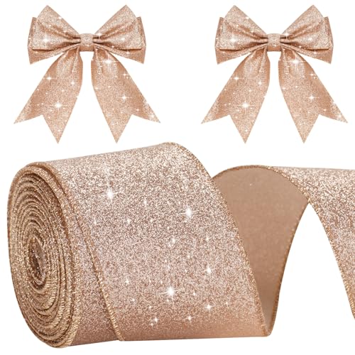 KINGLAKE Rose Gold Wired Glitter Christmas Ribbon 6cm Metallic Wrapping Ribbon for Gift Wrapping Wreaths Crafts Christmas Tree & Wedding Decorations