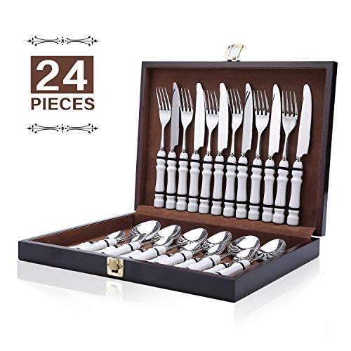 HOBO Silverware Set, 24 Pieces Stainless Steel Flatware Cutlery Set With Ceramic Handle