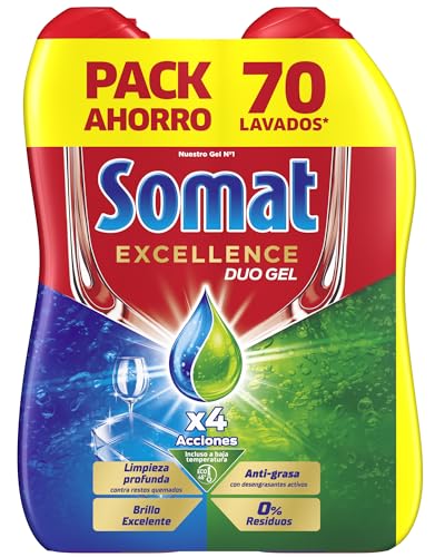 Somat Excellence Gel Anti-Grasa (70 lavados), detergente lavavajillas desengrasante, lavavajilla líquido automático en botella, jabón para platos con desengrasantes activos