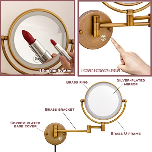 Espejo de maquillaje mural con luces de latón 8 pulgadas miniatura 4
