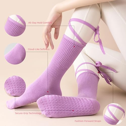 Womens Pilates Yoga Toe Socks with Grips Non Slip Cushioned Crew Socks Mid Calf for Barre Ballet