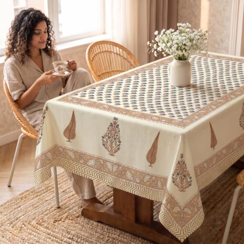 Image of Urban Space 100% Cotton Dining Table Cover 4 Seater, Jaipuri Handblock Cotton Table Cloth for Center Table, Dining Room Table Cover (Size 48 inch x 72 inch - 4 Seater, Heer)
