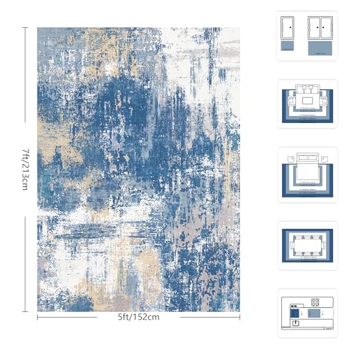 Image of 5x7 Rugs for Living Room - Modern Abstract Washable Rug, Ultra Soft Non Slip Low Pile Large Rugs, Floor Carpet for Bedroom Dining Room Office Laundry Nursery Home(Blue & Beige)