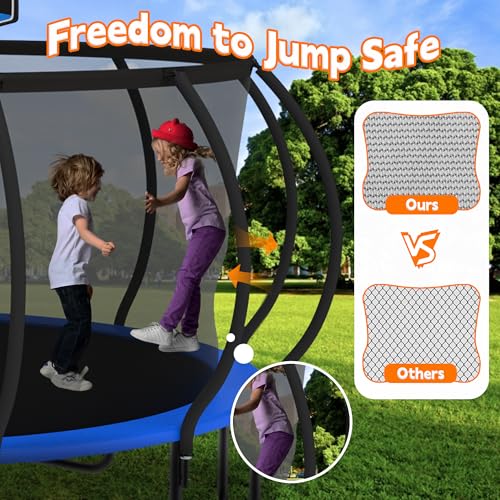 DeepRoar Tranpoline 8/10/12/14/15/16FT Pumpkin Tranpoline for Kids, Heavy Duty Outdoor Tranpolines with Basketball Hoop, Safety Enclosure Net, Light, Sprinkler, Socks, ASTM Approved
