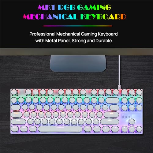 KOLMAX Typewriter Style Mechanical Gaming Keyboard,White Retro Punk Gaming Keyboard with RGB Backlit,87 Keys Blue Switch Wired Cute Keyboard,Retro Punk Round Keycaps for Game Office/Win/Mac/PC