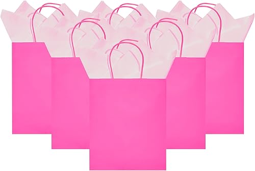 Miniatura 9 de DjinnGlory Paquete de 24 bolsas de regalo de papel rosa intenso de tamaño mediano con asas y papel de seda rosa para cumpleaños, boda, baby shower o