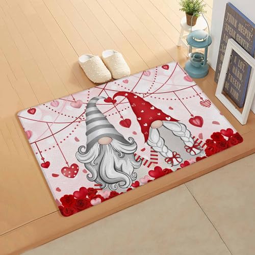 Valentine's Day Kitchen Bath Door Mat Cushioned Runner Rug,Washable Welcome Floor Sink Antifatigue Mat,Waterproof & Non-Slip Comfort Standing Doormat,Romantic Love Gnomes Spring Holiday 20