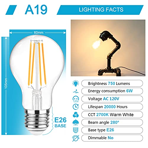 Ascher 60 Watt Equivalent, E26 Led Filament Light Bulbs, Warm White 2700K, Non-Dimmable, Classic Clear Glass, A19 Led Light Bulb With 80+ Cri, 6-Pack #TOP1