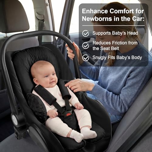Image of Infant Car Seat Insert for Newborn Boys Girls, Extra Thick & Soft Minky Preemie Car Seat Head Body Support Cushion with Strap Pads, Perfect for Stroller, Baby Swing, Bouncer, 2-in-1 Reversible, Black