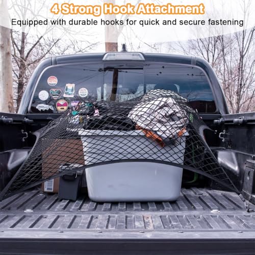 Image of STHIRA Truck Bed Cargo Net with 4 Hooks, Heavy Duty Stretch Mesh Cargo Net for Pickup Truck Bed, Elastic Load Restraint Net for Load Securing, Travel Gear, Equipment and Outdoor Transport, 120x120cm