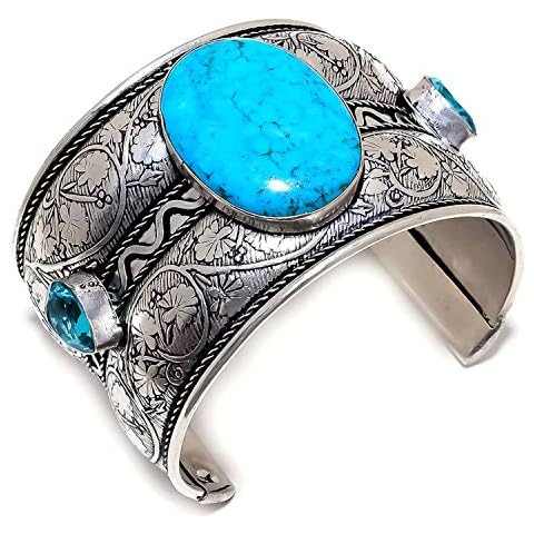 LARA GEMS STONES AND JEWELLERS Arizona Turquoise, Blue Topaz 925 Sterling Silver Cuff Bracelet Adst. OP-2052 Cover