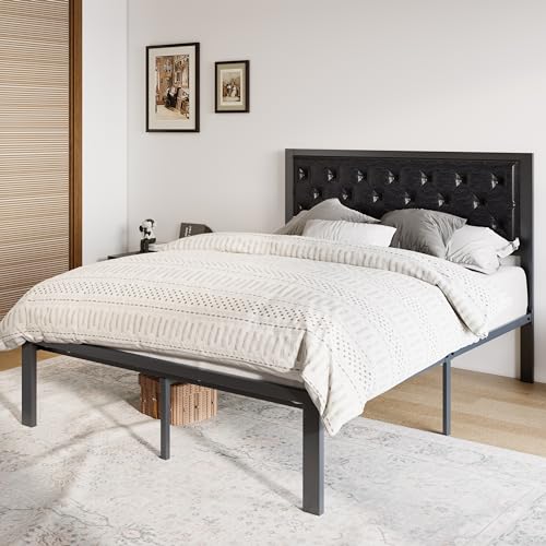 Image of Allewie Queen Bed Frame with Faux Leather Upholstered Headboard, Chic Diamond Stitched Tufted Design, No Box Spring Needed, Black