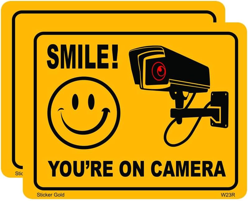 2 PACK - Small 11cm X 8.5cm SMILE YOUR ON CAMERA CCTV Self Adhesive Stickers - Yellow/Black, Sign, Warning, Private Property, Surveillance SG206