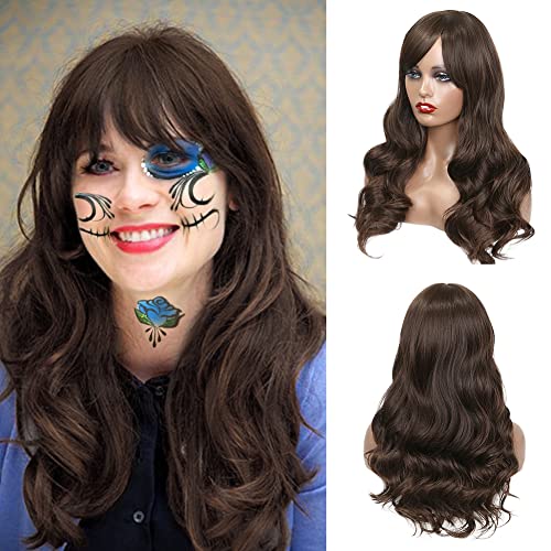 HANNE Mixed Dark Brown Long Wavy Hair Synthetic Wigs for Black and White Women High Density Glueless Soft Hair Full Wig Rose Net Halloween Cosplay Hair Wigs With Free Bangs(Mixed Dark Brown)