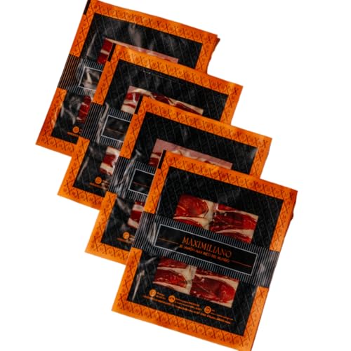 Maximiliano Jabugo - Jamón Bellota - Jamón 100% Ibérico - 32 Estuches 100 gr - Loncheado a Máquina - Exclusivo y Auténtico - Curación 36 Meses - Crianza en Libertad - Brida Negra