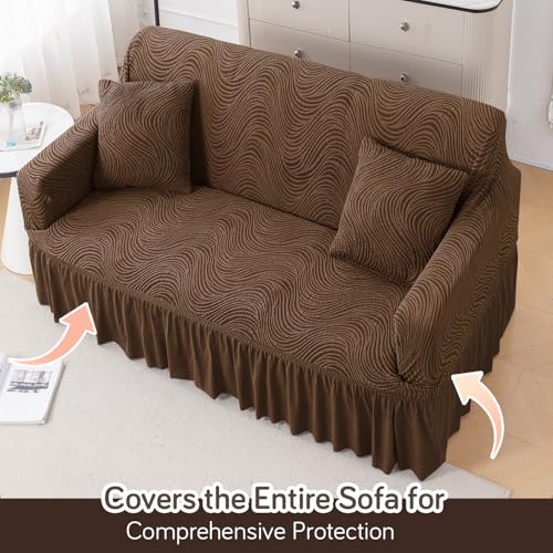 Image of HOKIPO 240 GSM Premium Jacquard Fully Covered Stretchable Frill Sofa Cover for 2 Seater, 'Serene Wave Series' Pecan Brown (AR-6353-BR)