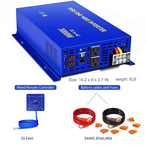 XYZ INVT 3000W Pure Sine Wave Power Inverter - 12V DC to AC 120V 110V with 15ft Cable Remote Switch Controller, Surge Power 6000w, Power Converter for Off Grid Solar Power System. (3000W 12V/15ft RC)