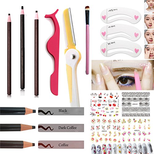 Eyebrow Makeup Kit Set:3PC Waterproof Eyebrow Pencils Black Brown Dark Coffee,1PC Eyelash Extensions Tweezers Eyebrow Trimmer Makeup Brushes Eyebrow Stencils,4PC Nail Stickers (LOHSET006A)