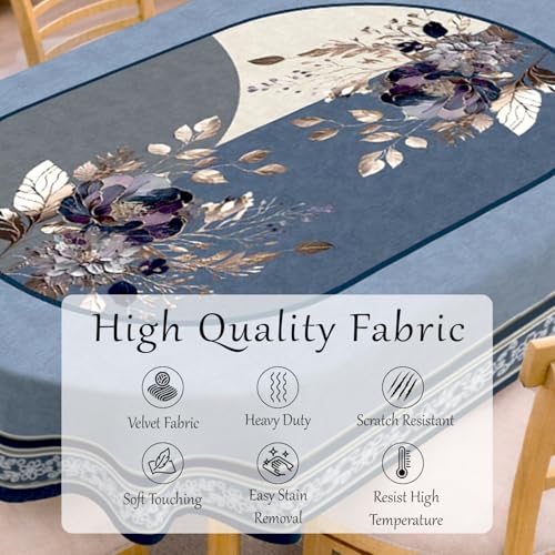Image of Cloth Fusion Velvet Floral Oval Shape Dining Table Cover Cloth 6 Seater with Stunning Gold Foil Design for Home Decor (60x90 Inch, Blue)