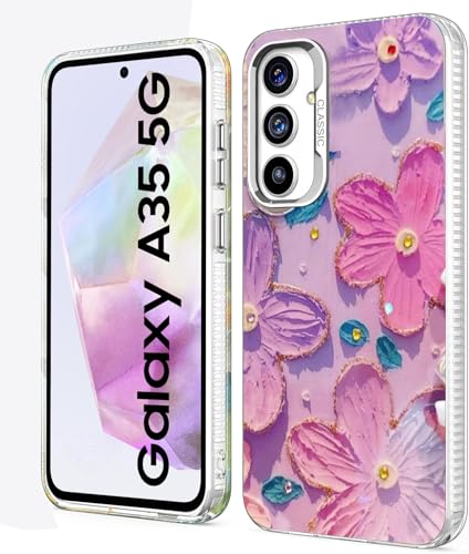 Image of VONZEE Samsung Galaxy A35 5G Case, Laser Flower Oil Painting Design, Cute Colorful Blue Ray Bumper, Full Camera Protection, Shockproof PC+TPU Glossy Shiny Protective Cover for Women & Girls, Purple