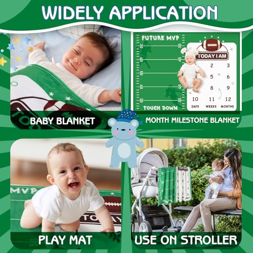 Image of Football Monthly Milestone Blanket for Baby Boys Flannel Blanket Newborn Infant Swaddle Baby Growth Blanket Photography Background with Wooden Signs,Frames,Bib