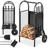 tectake® Kaminholzwagen, Holz Regal, Kaminholzregal, Brennholzregal aus Metall, mobiles Holzlager, Transportwagen für Feuerholz, inkl. Kaminzubehör Ofenbesteck Schaufel, Schürhaken und Besen