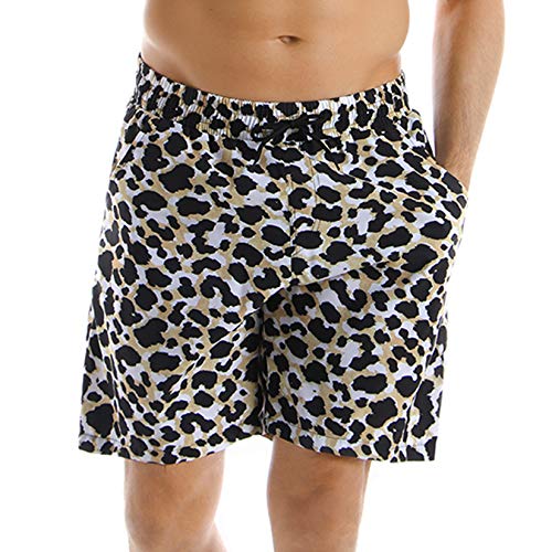 Lu's Chic Men's Swim Trunks Pull On Shorts Hawaiian Swimwear Beach Knee Length Elastic Waist Swimming Relaxed Loose Fit Drawstring Swim Wear Leopard Cheetah Animal Print Large #TOP11