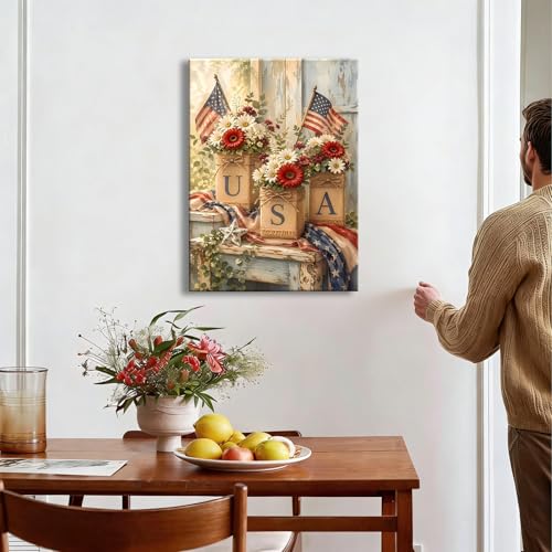 Image of Patriotic Wall Art Canvas Prints Pictures, 4th of July Americana Artwork Rustic USA Flag Floral Decor Independence Day Decorations for Home, Farmhouse Wall Decor for Living Room Bedroom Office