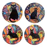 Composition : Céramique Set 4 sous-bocks en céramique, Chat et Mandalas Ethniques colorés, Diamètre 11 cm