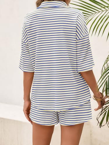 Image of Tankaneo Womens Striped 2 Piece Sets Short Sleeve Lounge Set | Button Down, Waffle Knit, Pajama Lounge Set, Summer Outfits