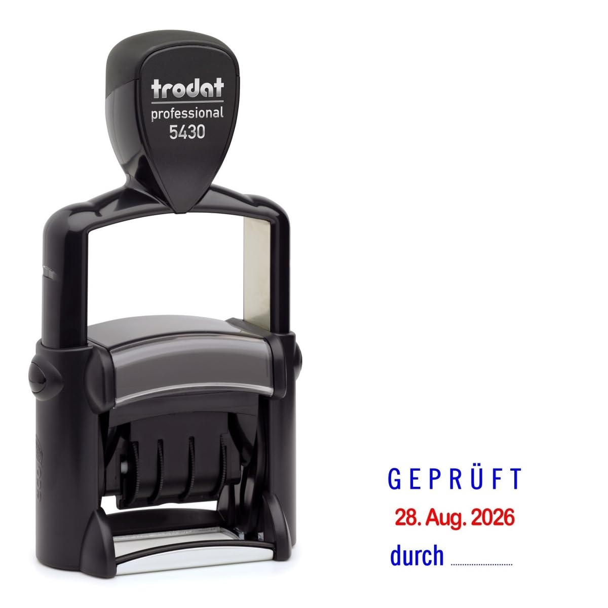 Trodat Professional Dater 5430 Datumstempel mit 2farbigem Kissen blau/rot + Wunschtext, Stempeltext:G E P R Ü F T