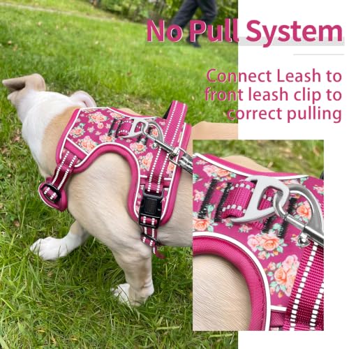 Image of HEELE No Pull Large Dog Harness, Soft Breathable Padded Vest, Flower Rose L | Reflective Front Clip Vest with Control Handle, No Choke, Adjustable 2 Metal Rings for Outdoor Walking Training