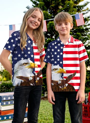Image of BesserBay Unisex Kids 4th of July Shirt Girls Boys Patriotic Button Down Shirt American Flag Top 4-14 Years