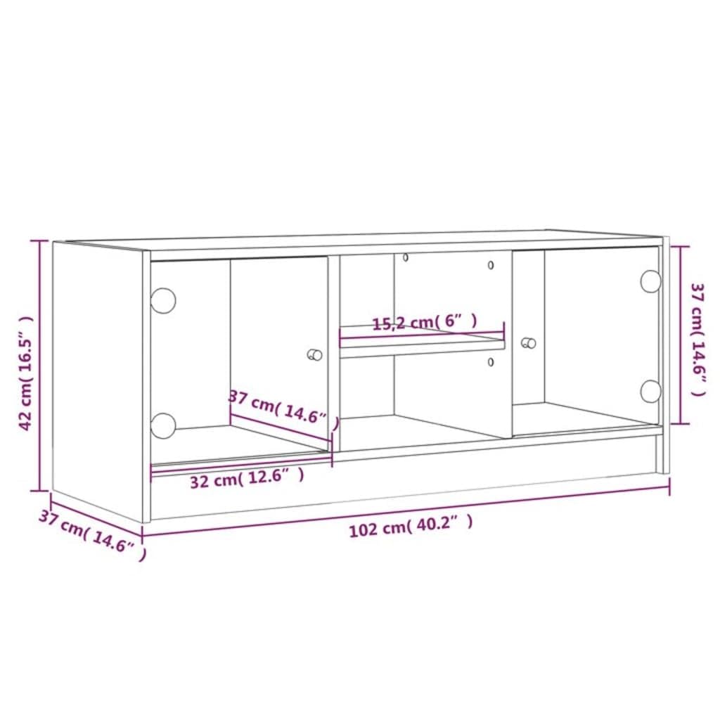 Mobile TV con ante in vetro, rovere Sonoma, 102 x 37 x 42 cm, mobile TV con vano portaoggetti, mobile basso e credenza per soggiorno, home theater, ripiano e gestione dei cavi