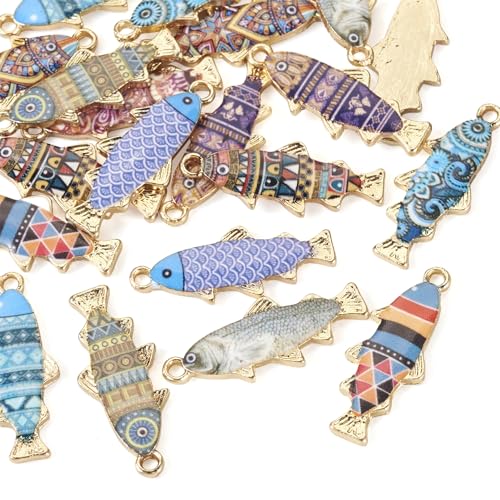 Bestewelry 20Pcs Enamel Fish Charms Pendants Golden Mosaic Fish Charms Lovely Flat Back Ocean Animal Charm for DIY Necklace Earrings Bracelets Crafts Jewelry Making 10 Colors