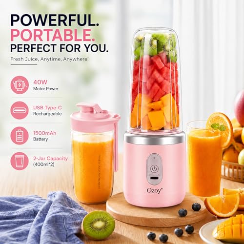 Image of Juicer for Home ^ CITRODA Juicer Mixer Grinder with 1500mAh Battery, 6 Blades 3Gears Fast Blending, 2-Jar Capacity (400ml*2) | 40 Watts Bullet Rechargeable Portable Personal Juicer (Pink)