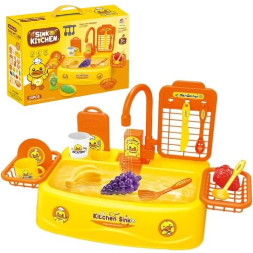 Image of SHAKTSIM Kids Play House Kitchen Sink Toy Set | Electric Circulating Water System | 20 PCS Pretend Play Washing Sink with Fruits, Vegetables & Utensils | Educational Role Play Toy for Boys & Girls