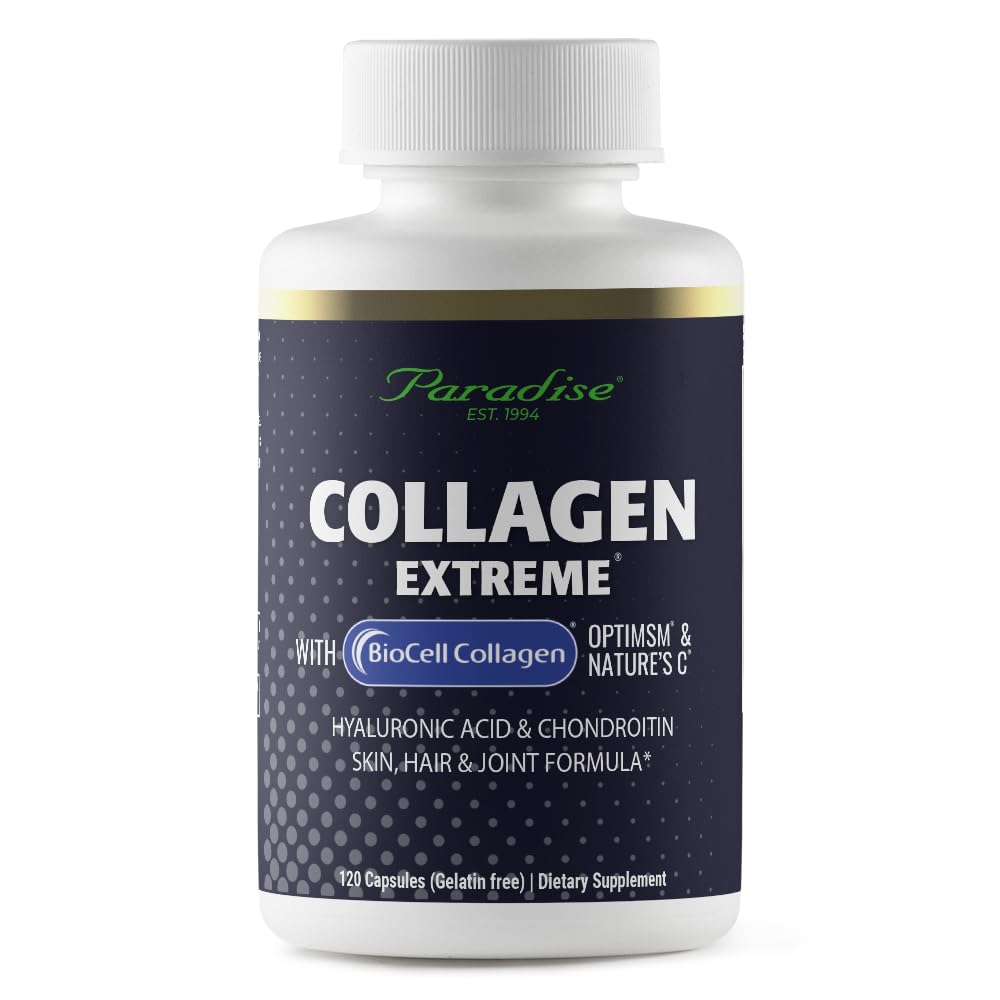 Paradise Herbs Collagen Extreme with Biocell Collagen, Hylauronic Acid and Nature's C, for Healthy Hair, Skin, and Joints, 120 Capsules
