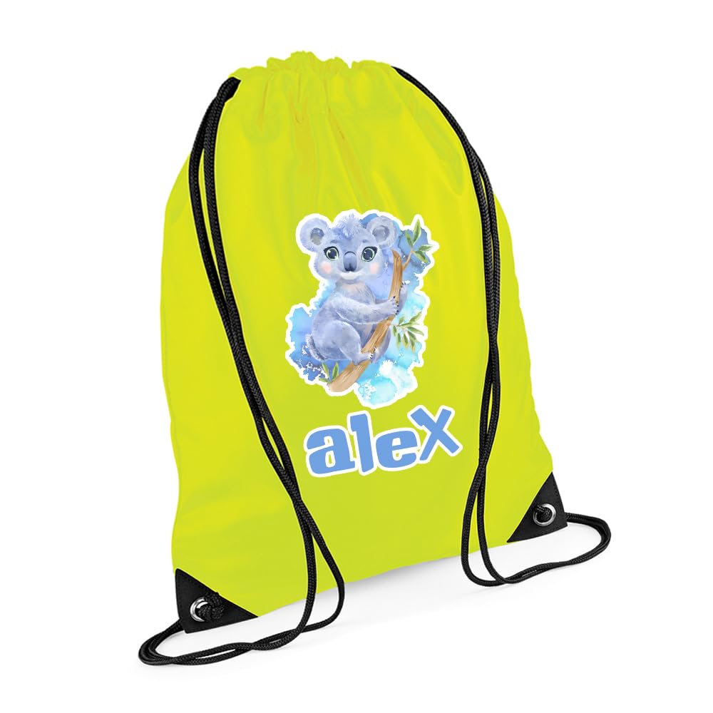 Getagift Personalized Cute Watercolour Koala Drawstring Bag for Kids, Back to School, Waterproof Sports Backpack, PE Kit Bag, Gym and Swimming Bag, Sport Rucksack. (Fluorescent Yellow)