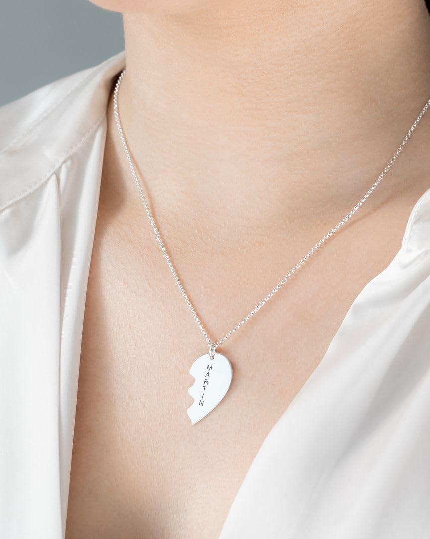 Colgante Corazón Personalizado con Nombre para Parejas - Collar para Enamorados - Cadena Rolo 45 cm + Alargador. Corazón Plata, Plata de Ley 925/1000. (Corazon Plata)