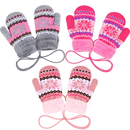 3 Pairs Kid Warm Snowflake Mittens Fleece Lining Knit Thicken Gloves with String