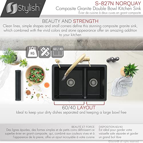 Image of Stylish 27.25 x 18.75 Inch Drop In or Undermount Kitchen Sink Double Bowl Workstation 9.5 Inches Deep Granite Composite Kitchen Sinks with Regular Strainers Black, S-827N
