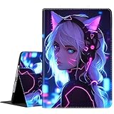 FDHHKJUKO Case for iPad (A16) 11th Generation 11 Inch (2025), for iPad 10th Generation 10.9 Inch (2022), Slim Folding Stand Cover with Auto Wake/Sleep, Cat Girl Blue Neon Anime