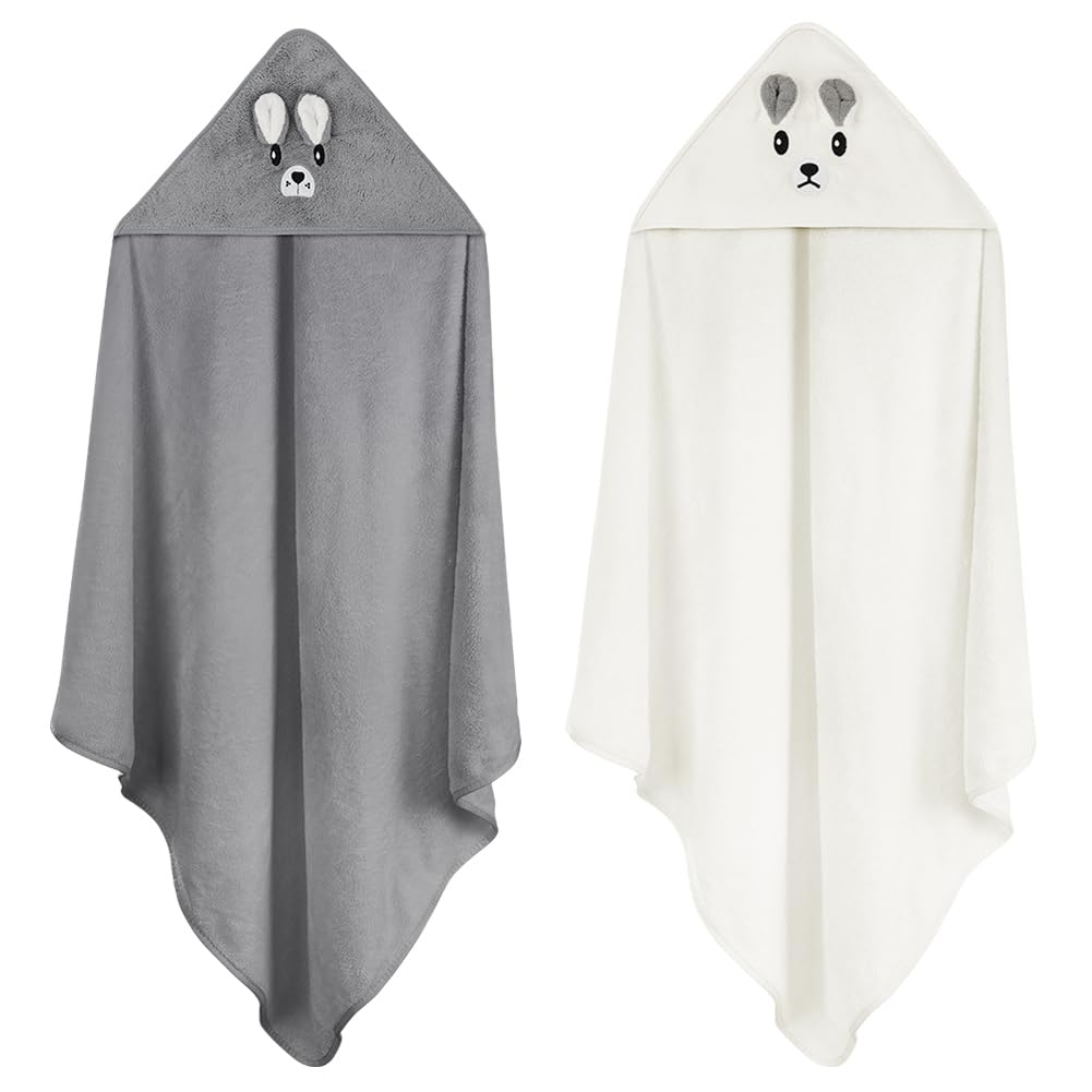Aolso 2 Pz Asciugamano con cappuccio, 80 x 80 cm Asciugamani da Bagno per Bambini con Cappuccio, Morbidi e Assorbenti, per Neonati e Bambini 0-3 Anni -Bianco/Grigio